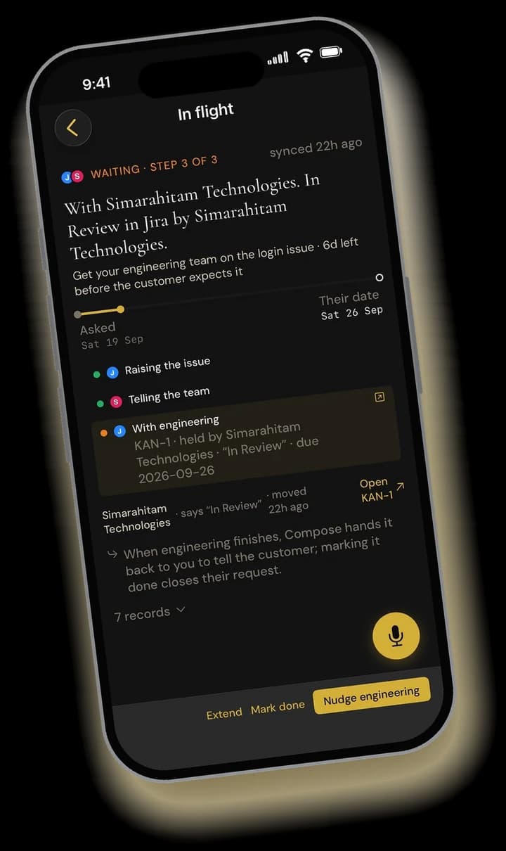 A request in flight on iPhone: raised, told to the team, now with engineering in Jira