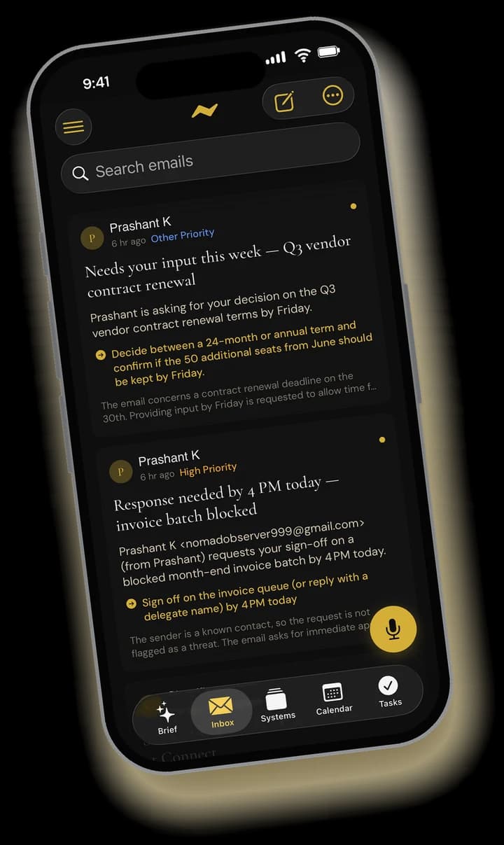 The Compose inbox on iPhone, with the ask under each mail